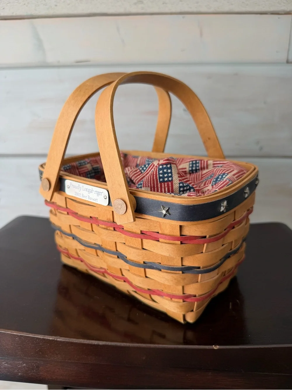 2002 Longaberger Bee Basket Proudly Longaberger Flag Drawstring liner Protector